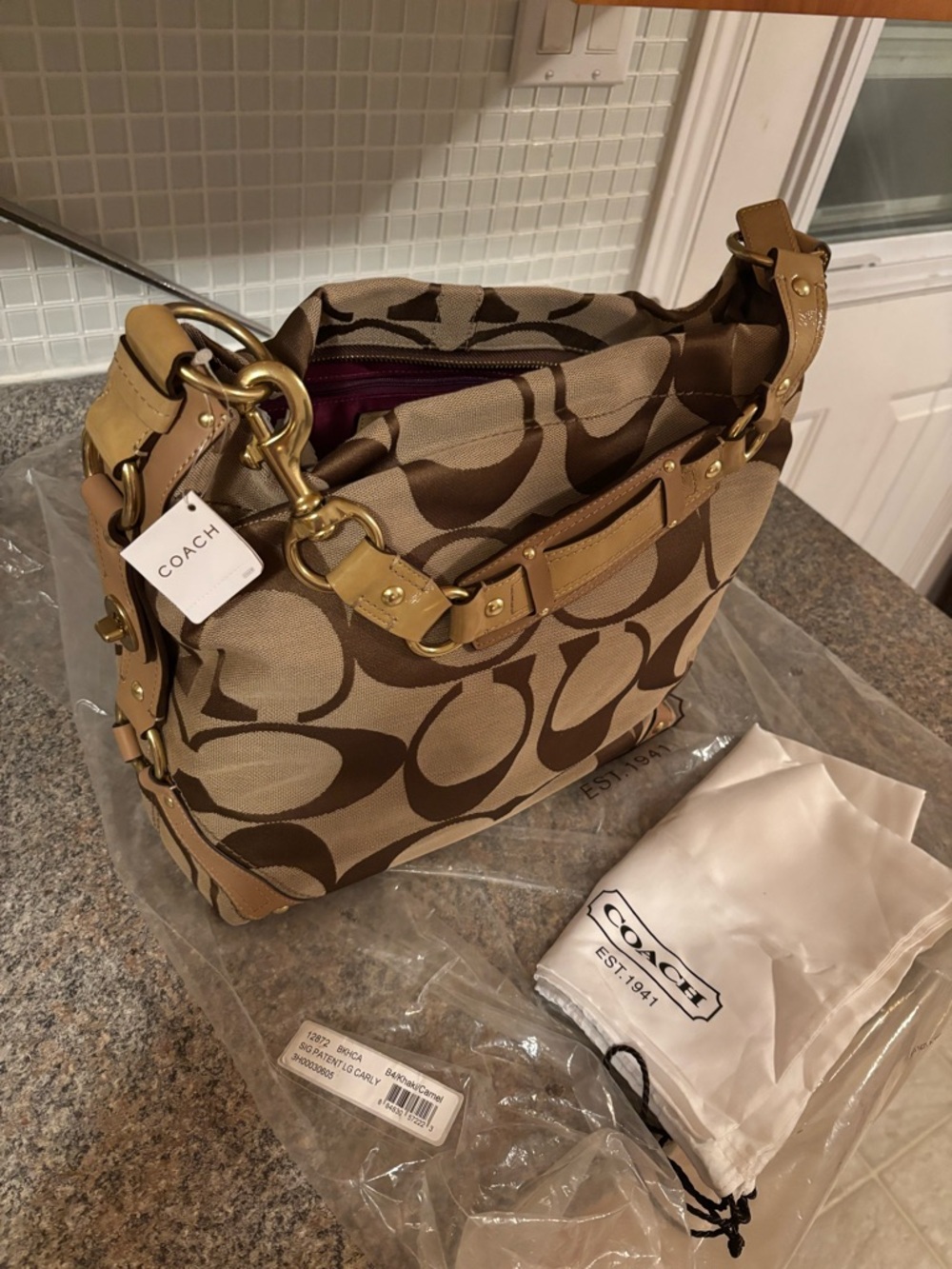 NWT Coach Brown Signature Canvas Shoulder Bag with Tan Leather Trim